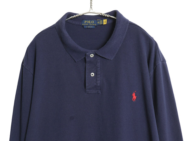 ポロ ラルフローレン 鹿の子 長袖 ポロシャツ メンズ XXL 古着 長袖シャツ コットン カットソー ワンポイント ポニー刺繍 大きいサイズ 紺