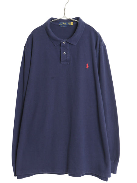 ポロ ラルフローレン 鹿の子 長袖 ポロシャツ メンズ XXL 古着 長袖シャツ コットン カットソー ワンポイント ポニー刺繍 大きいサイズ 紺