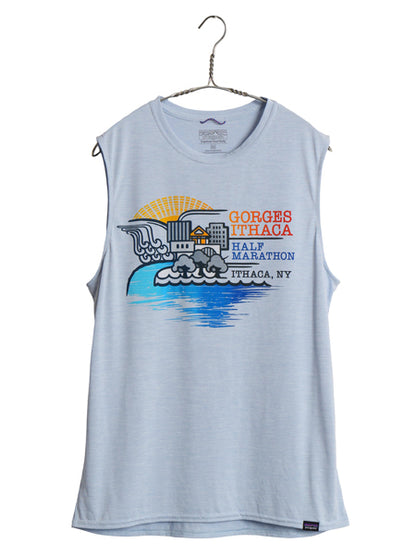 パタゴニア キャプリーン 両面 プリント ノースリーブ Tシャツ メンズ M 25年製 アウトドア ストレッチ グラフィック タンクトップ 企業 青