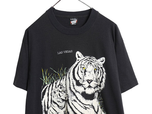 90s USA製 ホワイト タイガー イラスト 発泡 プリント 半袖 Tシャツ メンズ XL / オールド アニマル アート キャラクター グラフィック 黒
