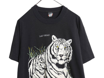 90s USA製 ホワイト タイガー イラスト 発泡 プリント 半袖 Tシャツ メンズ XL / オールド アニマル アート キャラクター グラフィック 黒