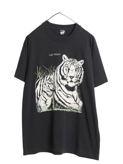 90s USA製 ホワイト タイガー イラスト 発泡 プリント 半袖 Tシャツ メンズ XL / オールド アニマル アート キャラクター グラフィック 黒