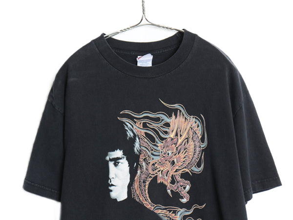 00s ★ ブルースリー イラスト プリント Tシャツ メンズ L / 古着 オールド オフィシャル ムービー 映画 俳優 ドラゴン グラフィック 黒