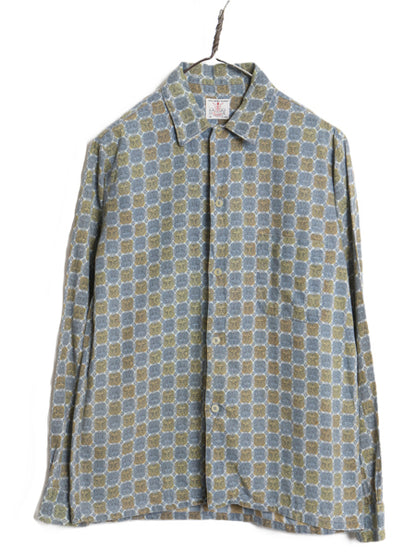 60s SAXON コットン 総柄 デザイン 長袖 シャツ メンズ S / ヴィンテージ グランジ ボックス タイプ ポケット付き 幾何学模様 マルチカラー