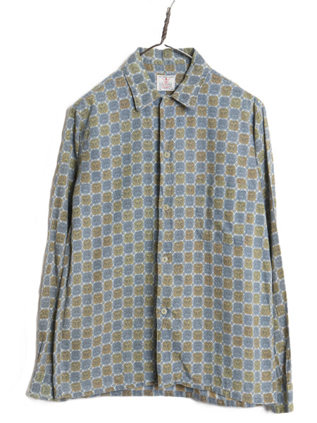 60s SAXON コットン 総柄 デザイン 長袖 シャツ メンズ S / ヴィンテージ グランジ ボックス タイプ ポケット付き 幾何学模様 マルチカラー