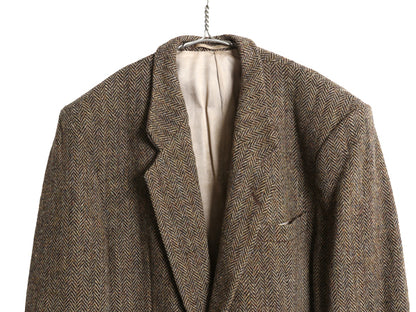 90s ハリスツイード テーラード ジャケット メンズ M 程/ オールド ウール ツイード ブレザー ヘリンボーン ストライプ トラッド シンプル
