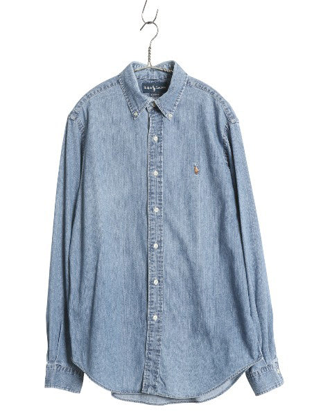 00s ラルフローレン 3点留め ボタンダウン 長袖 デニム シャツ メンズ M 古着 オールド ポロ 長袖シャツ ワンポイント カジュアル ゆったり