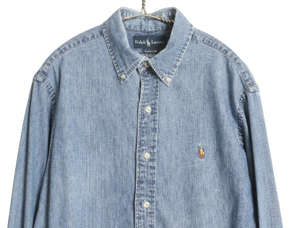 00s ラルフローレン 3点留め ボタンダウン 長袖 デニム シャツ メンズ M 古着 オールド ポロ 長袖シャツ ワンポイント カジュアル ゆったり