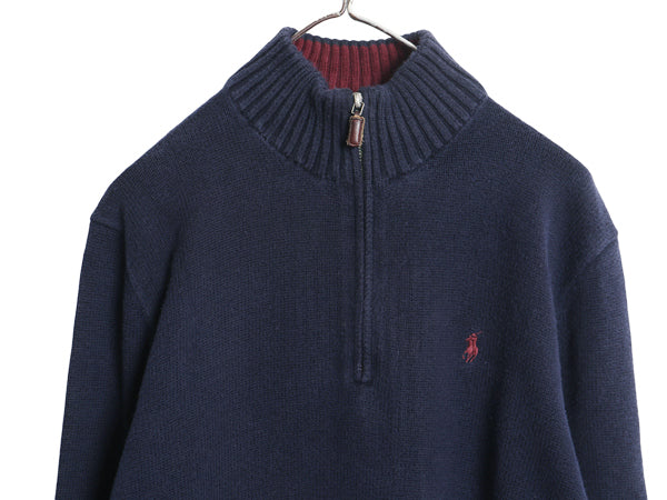 00s ポロ ラルフローレン ハーフジップ コットン ニット セーター メンズ M / オールド リブ編み ハイネック ポニー ワンポイント ネイビー
