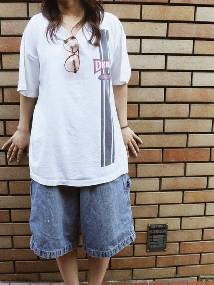 90s ☆ DKNY ダナキャラン ロゴ プリント Tシャツ メンズ L 程/ 古着 オールド 当時物 グラフィック カットソー シングルステッチ ホワイト