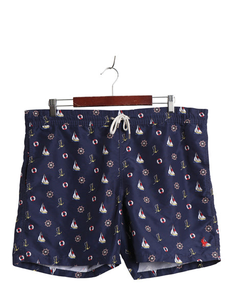 ポロ ラルフローレン 総柄 ショートパンツ メンズ M 古着 ナイロン サーフ スイム ショーツ 短パン 海パン 水陸両用 インナー付き ネイビー