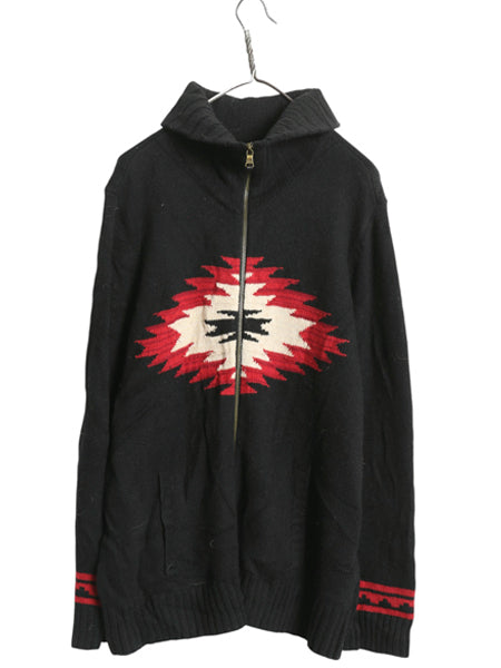 00s ラルフローレン ネイティブ柄 ニット セーター ジャケット レディース 2XL / オールド ウール  ハイネック フルジップ 大きいサイズ 黒
