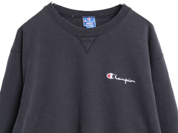 80s USA製 チャンピオン ワンポイント スウェット メンズ  XXL 古着 ヴィンテージ 裏起毛 トレーナー スクリプト ロゴ 前V 大きいサイズ 黒