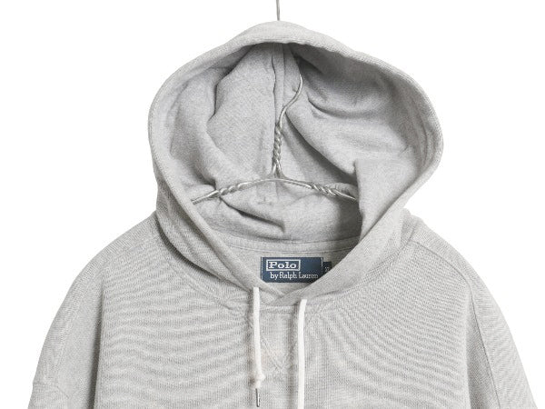 90s ポロ ラルフローレン リブ編み コットン ニット フード パーカー メンズ XL / オールド 前V スウェット セーター プルオーバー グレー