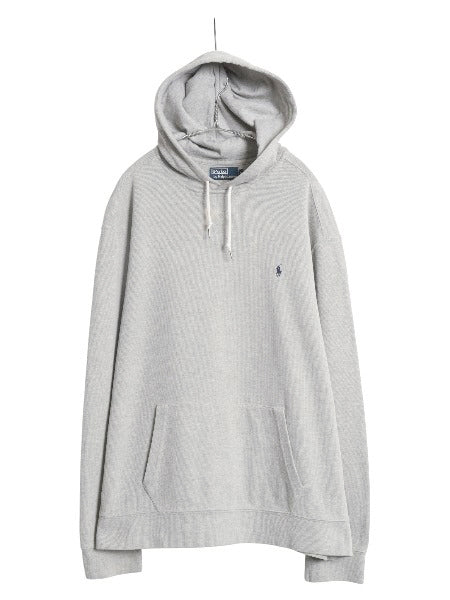 90s ポロ ラルフローレン リブ編み コットン ニット フード パーカー メンズ XL / オールド 前V スウェット セーター プルオーバー グレー