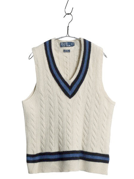 00s ポロ ラルフローレン チルデン ケーブル ニット ベスト メンズ レディース L / オールド ウール シルク カシミヤ セーター Vネック 白