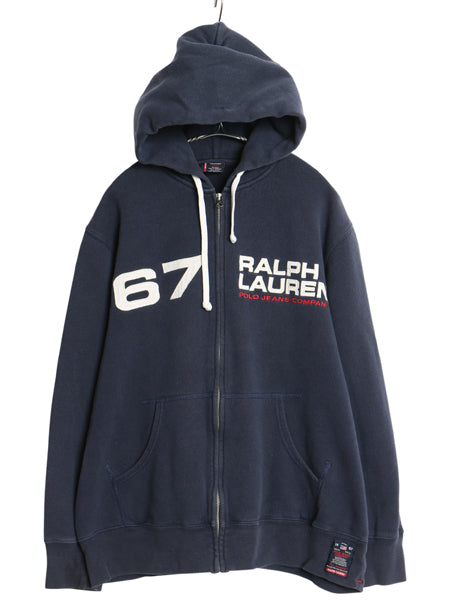 ポロジーンズ ラルフローレン フルジップ スウェット フード パーカー メンズ L / 古着 トレーナー 裏起毛 ワッペン ロゴ 刺繍 ゆったり 紺