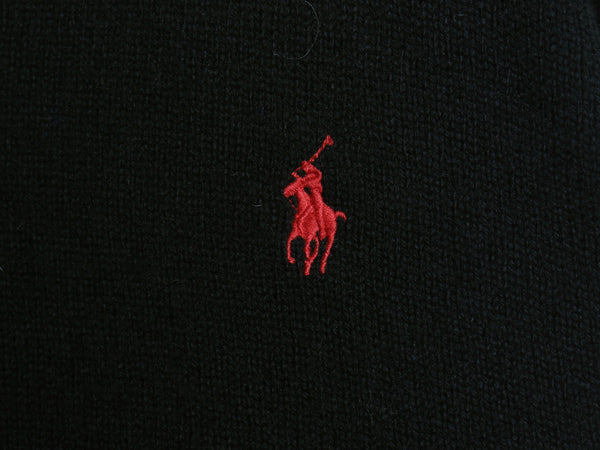 00s ポロ ラルフローレン ニット セーター メンズ M 古着 オールド ラム ウール ワンポイント ポニー 刺繍 リブ編み Vネック 無地 ブラック