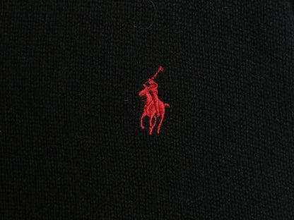 00s ポロ ラルフローレン ニット セーター メンズ M 古着 オールド ラム ウール ワンポイント ポニー 刺繍 リブ編み Vネック 無地 ブラック