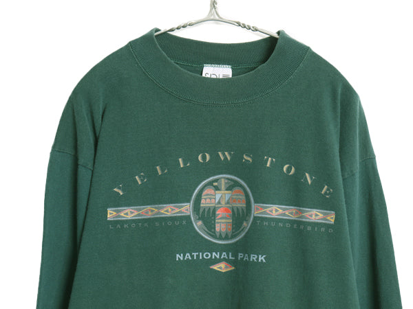 90s USA製 イエローストーン イラスト プリント 長袖Tシャツ メンズ L オールド ロンT ネイティブ アート サンダーバード シングルステッチ