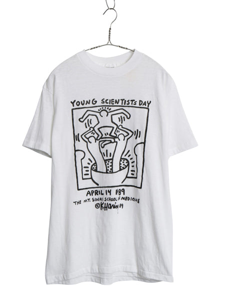 80s USA製 ★ キースヘリング イラスト プリント Tシャツ メンズ M / 古着 ヴィンテージ オフィシャル 当時物 ポップ アート 白 モノトーン