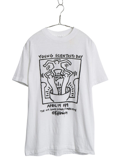 80s USA製 ★ キースヘリング イラスト プリント Tシャツ メンズ M / 古着 ヴィンテージ オフィシャル 当時物 ポップ アート 白 モノトーン