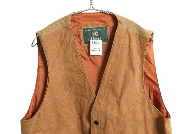 デッドストック 90s オービス 本革 レザー ハンティング ベスト メンズ M 未使用品 オールド 旧タグ ヌバック 前開き 重ね着 多ポケット 茶