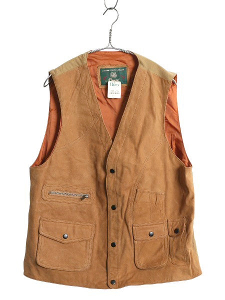 デッドストック 90s オービス 本革 レザー ハンティング ベスト メンズ M 未使用品 オールド 旧タグ ヌバック 前開き 重ね着 多ポケット 茶