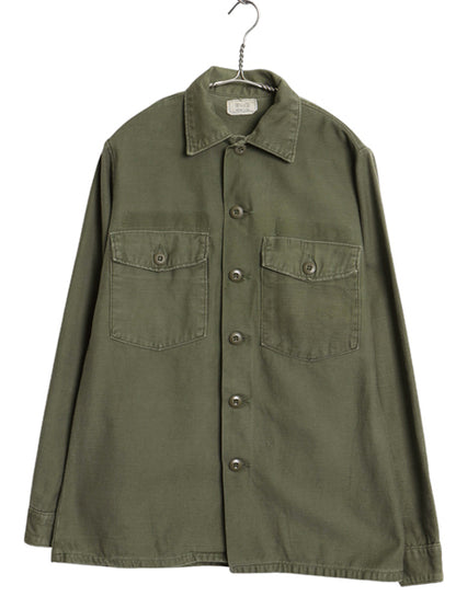 70s 米軍実物 US ARMY コットン サテン ユーティリティ シャツ S / 75年製 ヴィンテージ OG107 シャツ袖 4th 軍物 ミリタリー 長袖シャツ