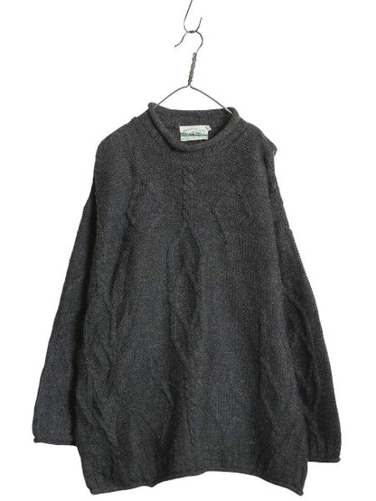アイルランド製 aran crafts ロールネック ケーブル ニット セーター メンズ XL / ウール ローゲージ ハイネック 無地 大きいサイズ 濃灰