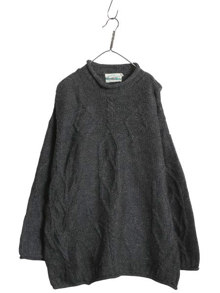 アイルランド製 aran crafts ロールネック ケーブル ニット セーター メンズ XL / ウール ローゲージ ハイネック 無地 大きいサイズ 濃灰