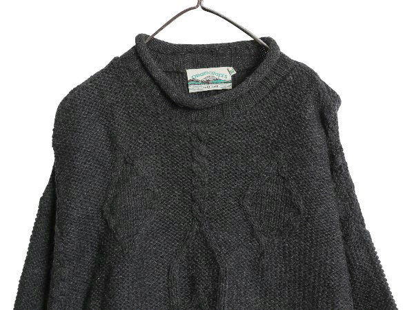アイルランド製 aran crafts ロールネック ケーブル ニット セーター メンズ XL / ウール ローゲージ ハイネック 無地 大きいサイズ 濃灰