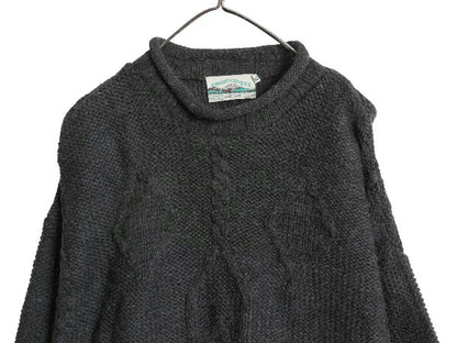 アイルランド製 aran crafts ロールネック ケーブル ニット セーター メンズ XL / ウール ローゲージ ハイネック 無地 大きいサイズ 濃灰