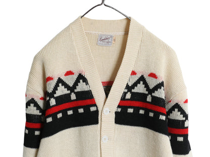 50s Kandahar デザイン ニット カーディガン メンズ M 古着 ヴィンテージ ウール セーター ポケット付き 前開き 羽織り 重ね着 ナチュラル