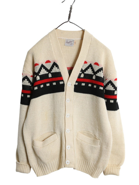 50s Kandahar デザイン ニット カーディガン メンズ M 古着 ヴィンテージ ウール セーター ポケット付き 前開き 羽織り 重ね着 ナチュラル