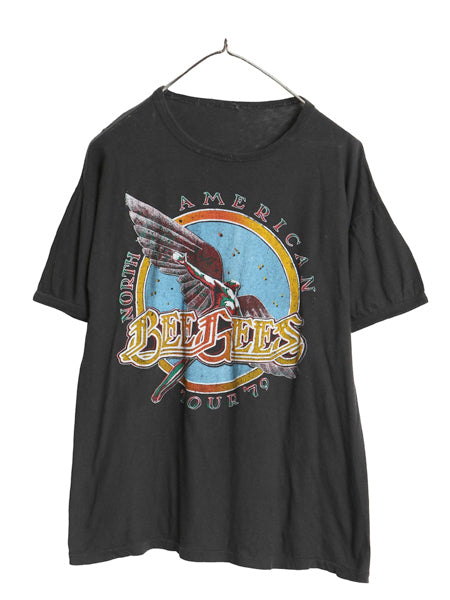 70s パキ綿 ★ ビージーズ ツアー イラスト プリント Tシャツ メンズ M 程 ヴィンテージ グラフィック シングルステッチ バンド ロック 黒 