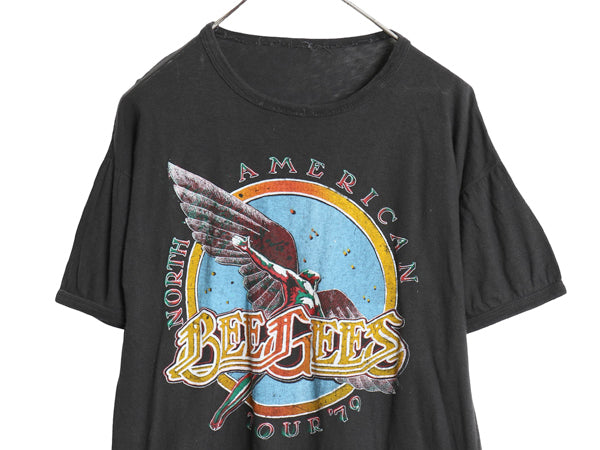 70s パキ綿 ★ ビージーズ ツアー イラスト プリント Tシャツ メンズ M 程 ヴィンテージ グラフィック シングルステッチ バンド ロック 黒 