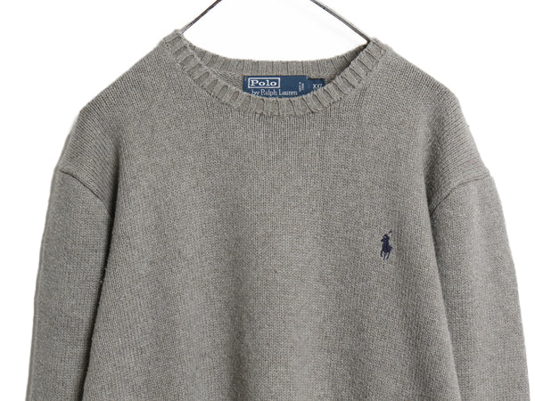00s ポロ ラルフローレン コットン ニット セーター メンズ XXL オールド 長袖ニット ワンポイント クルーネック シンプル 大きいサイズ 灰