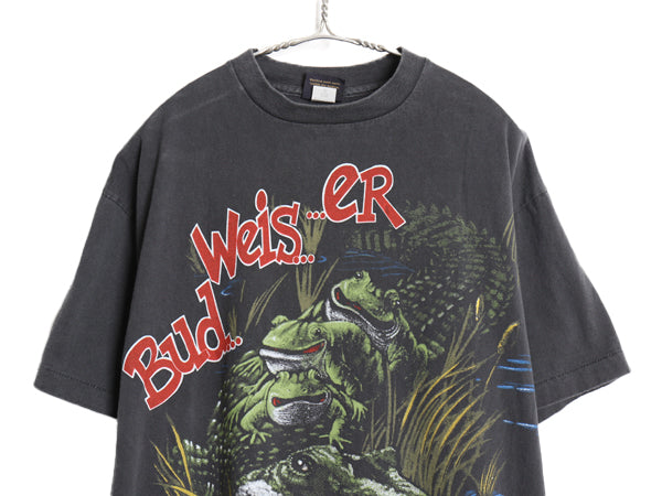 90s USA製 ★ バドワイザー カエル ワニ イラスト プリント Tシャツ メンズ XL / オールド 企業物 当時物 グラフィック ビール アニマル 黒