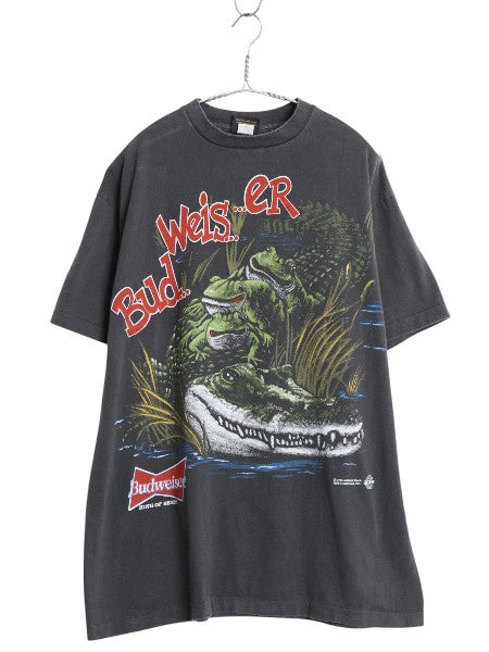 90s USA製 ★ バドワイザー カエル ワニ イラスト プリント Tシャツ メンズ XL / オールド 企業物 当時物 グラフィック ビール アニマル 黒