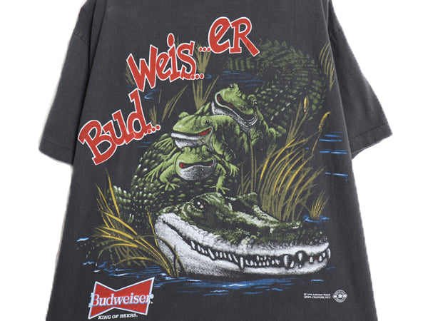 90s USA製 ★ バドワイザー カエル ワニ イラスト プリント Tシャツ メンズ XL / オールド 企業物 当時物 グラフィック ビール アニマル 黒