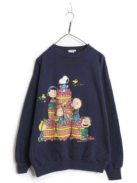 90s USA製 スヌーピー プリント スウェット メンズ レディース XL / オールド ピーナッツ オフィシャル キャラクター トレーナー 裏起毛 紺