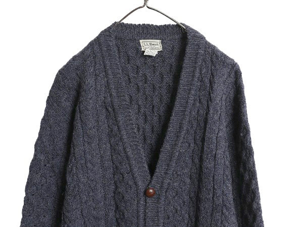 アイルランド製 エルエルビーン フィッシャーマン ウール ニット カーディガン メンズ L 古着 重ね着 前開き アラン ケーブル セーター 紺