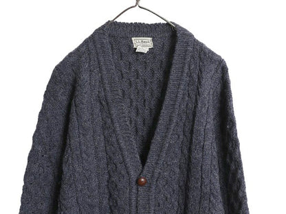 アイルランド製 エルエルビーン フィッシャーマン ウール ニット カーディガン メンズ L 古着 重ね着 前開き アラン ケーブル セーター 紺