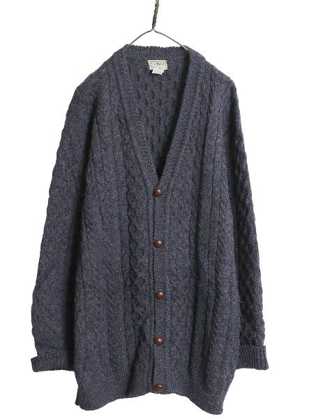 アイルランド製 エルエルビーン フィッシャーマン ウール ニット カーディガン メンズ L 古着 重ね着 前開き アラン ケーブル セーター 紺