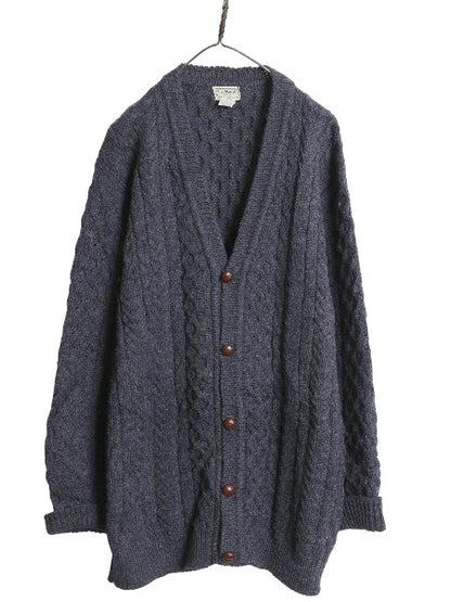 アイルランド製 エルエルビーン フィッシャーマン ウール ニット カーディガン メンズ L 古着 重ね着 前開き アラン ケーブル セーター 紺