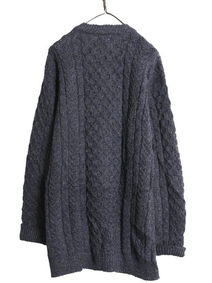 アイルランド製 エルエルビーン フィッシャーマン ウール ニット カーディガン メンズ L 古着 重ね着 前開き アラン ケーブル セーター 紺