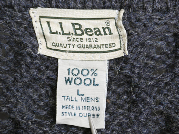 アイルランド製 エルエルビーン フィッシャーマン ウール ニット カーディガン メンズ L 古着 重ね着 前開き アラン ケーブル セーター 紺