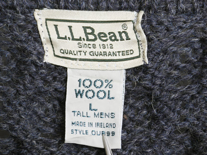 アイルランド製 エルエルビーン フィッシャーマン ウール ニット カーディガン メンズ L 古着 重ね着 前開き アラン ケーブル セーター 紺