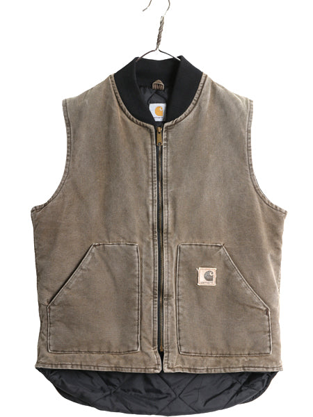 00s カーハート 中綿 ダック ベスト メンズ L 程 古着 オールド フルジップ 腰ゴム ナイロン キルティング ライナー 前開き チェストナッツ